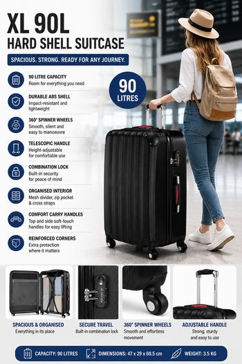 XL 90L Hard Shell Suitcase with 360deg  Spinner Wheels & Combination Lock