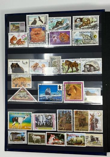 Ace Black 32 page/ 16 leaf Stamp Album with over 900 stamps. Thematic of Animals, Plants, Classic Cars, Space, Trains, Sport & Disney noted.