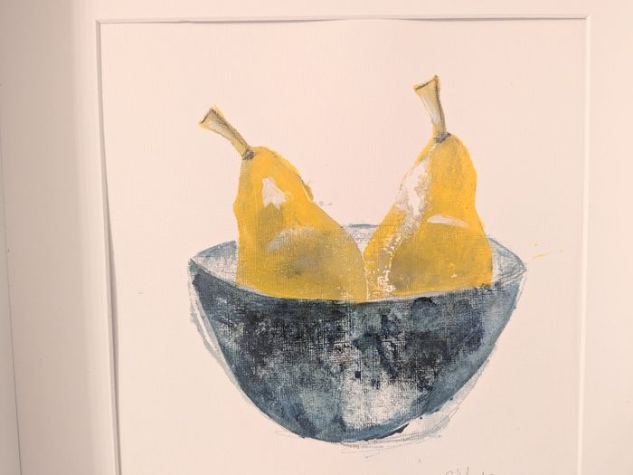 Pear still life painting in white box frame