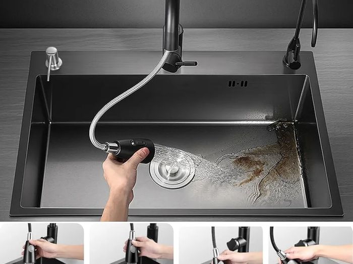 Black Kitchen Sink, Stainless Steel Single Bowl Sink, Drop in/Topmount Workstation Sink with Sliding Accessories, Farmhouse Workstation Sink with Multiple Accessories (50 /45cm)