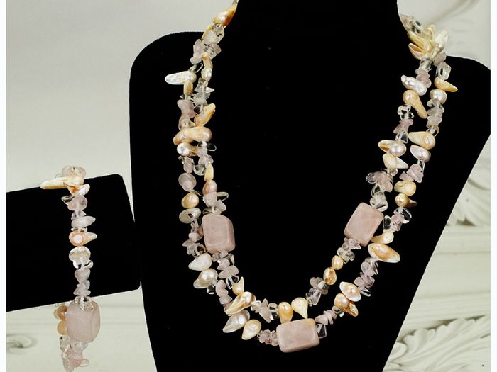 Vintage Two Strand Natural Rose Quartz Necklace & Bracelet