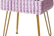 Rectangle Vanity Chair with Storage Space, Footrest Footstool Ottoman, Vanity Stool, Dressing Table Chair, with Anti-Slip Feet, for Makeup Room, Bedroom, Square Grid Pattern, Purple