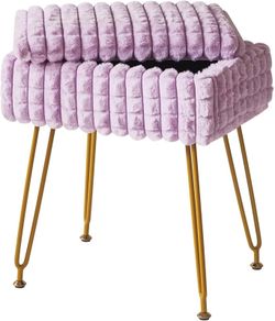 Rectangle Vanity Chair with Storage Space, Footrest Footstool Ottoman, Vanity Stool, Dressing Table Chair, with Anti-Slip Feet, for Makeup Room, Bedroom, Square Grid Pattern, Purple