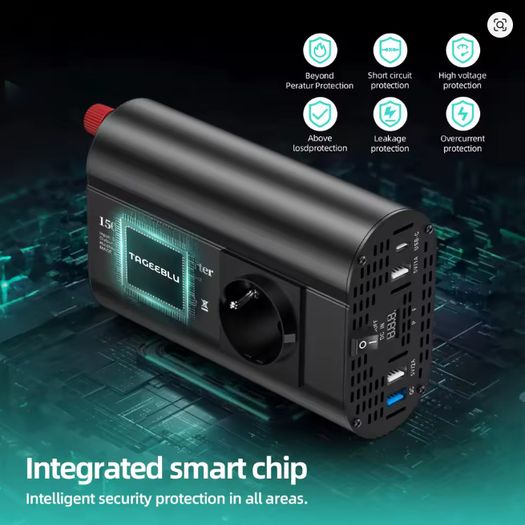 500W Uk/EU Plug Car Power Converter, DC 12V to 230V AC, Portable Power Inverter with Temperature Control Fan
