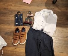 BOYS Formal Shirt Slacks shoes bow tie and braces.