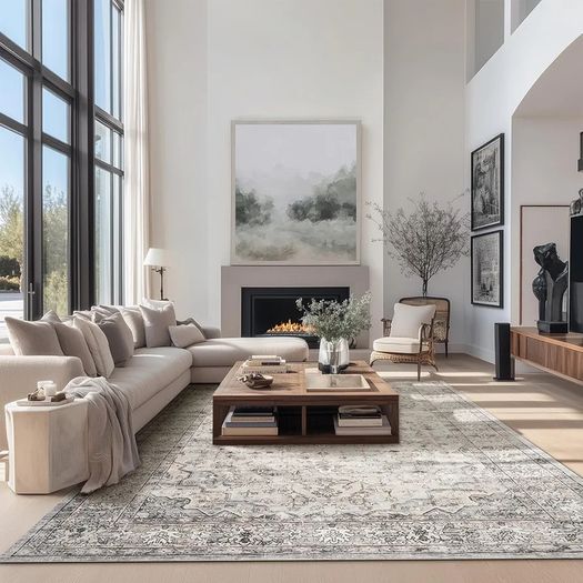 Large Grey Rug 200x290 for Living Room, Faux Wool Short Pile Non-Slip Area Rug, Machine Washable Traditional British Design for Bedroom Dining Room