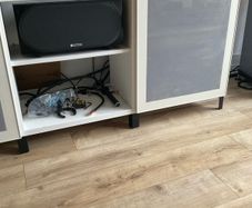 IKEA Hifi and AV unit with black gloss bench top , 180mm x 40mm x 75mm (LX B X H)