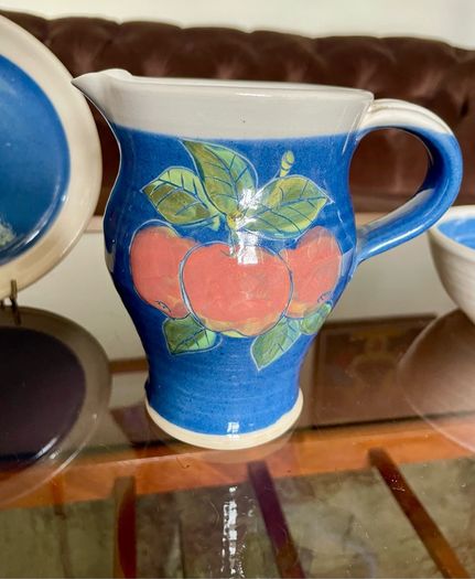 Vintage R and J Forrester Bandon Pottery Ireland Jug Sugar Bowl Plate Cobalt Blue Fruits Design