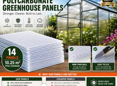 14 Pack Polycarbonate Greenhouse Panels 121 x 60.5 cm 4 mm Twin Wall UV Protected Replacement Sheets