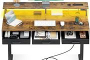 120 x 54cm Electric Standing Desk - Height Adjustable - 3 Drawers &amp; Charging Station - Rustic Brown