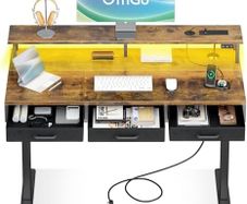 120 x 54cm Electric Standing Desk - Height Adjustable - 3 Drawers & Charging Station - Rustic Brown