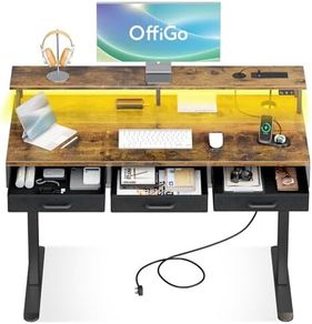 120 x 54cm Electric Standing Desk - Height Adjustable - 3 Drawers & Charging Station - Rustic Brown