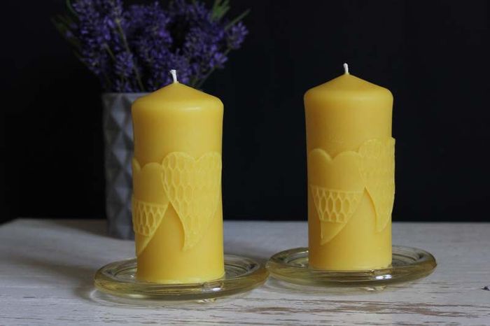 Pure beeswax candle with hearts. Valentines day gift.