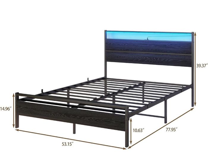 Double Bed Frame with Heaboard & LED lights,4ft6 Metal Wooden Bed Frame Double Bed with Charging Station,Mattress Base/Underbed Storage,Heavy Duty Strong Slats Support,Black Bed 135x190cm