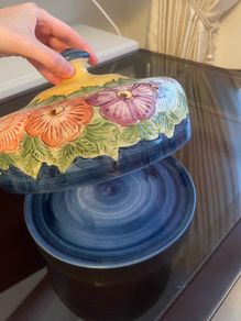 Beautiful Vintage Portuguese Hand Painted Floral Ceramic Tureen Serving Dish