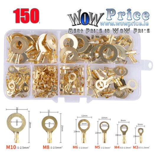 25742 150PCS Ring Lugs Eyes Copper Crimp Terminals Cable Wire Connector Kit