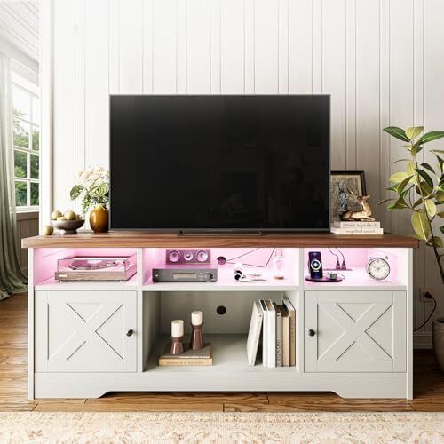 TV Unit, TV Stand Cabinet with Sockets, USB and LED, TV Cabinet Suitable for up to 65'' TV