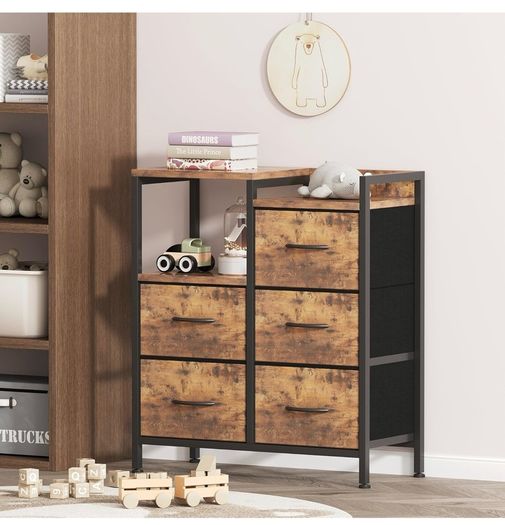 Chest of Drawers Bedroom with 5 Drawers, Tall Dresser with Shelf, Fabric Dresser for Entryway Hallway Living Room, Closet Storage Drawer, Rustic Brown