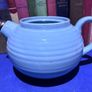 Vintage 1930s blue Ribbed Textured Earthenware Teapot Art Deco Metal Nozzle Image 6