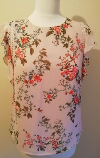 FREE POST New Look Pink Floral Top Blouse With Birds UK 8 EU 36 Excellent Condition