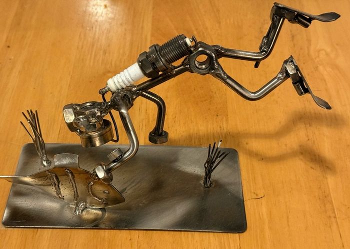 Nuts and bolts sculpture "Diver" - Handmade ornament figurine. Scuba Diver & fish - Vintage Ornament