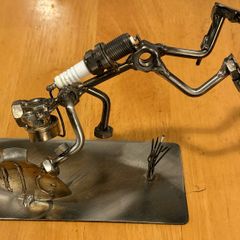 Nuts and bolts sculpture "Diver" - Handmade ornament figurine. Scuba Diver & fish - Vintage Ornament