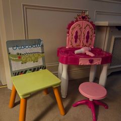 Child's chair, vanity set and barbie sound book