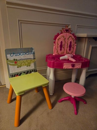 Child's chair, vanity set and barbie sound book