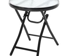 NEW SALE | 45CM Garden Round Table Foldable Dining Table with Safety Buckle Glass Tabletop Metal Covered Edge for Patio Garden Outdoor Indoor Space