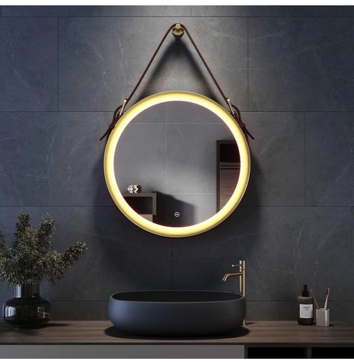 Round Bathroom Mirror with Lights Gold Frame Leather Strap Illuminated Bathroom LED Mirror