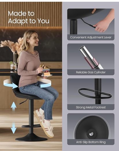 Bar Stools Set of 2, Adjustable with Backs, 360 Swivel PU Leather, Metal Footrest, for Kitchen Dining Reception, Ink Black