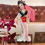 Vintage MCM Geisha Black Hair Red Obi Light Blue Pink Gold Holding a Fan 18 cm Image 2