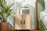 Bedside Table, Nordic Side Table with Roller Shutter Style Sliding Doors and Metal Legs for Bedroom, Living Room, Oak Tone