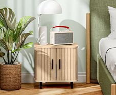 Bedside Table, Nordic Side Table with Roller Shutter Style Sliding Doors and Metal Legs for Bedroom, Living Room, Oak Tone