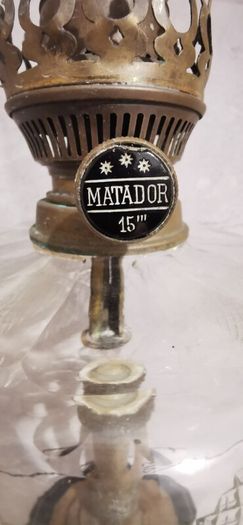 Antique Matador 15" Oil Lamp Glass Wood Base Brass Stem Burner Torch Light