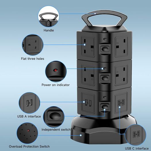 Tower Extension lead 2M, 10 Way (13A 3000W) Surge Protected Extension Sockets with 2 USB C and 2 USB A, Multi Plug Socket with 3 Independent Switches,Power Strip for Home, Office, Kitchen