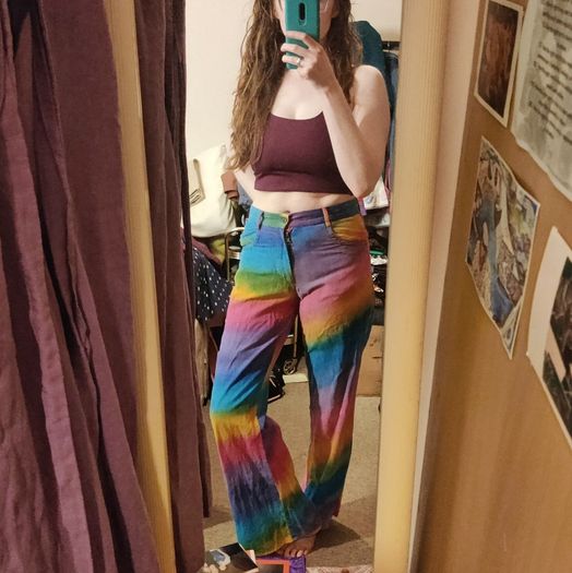 VINTAGE 1990s rainbow tie dye corduroy cotton flares S M Made in India Pride lgbtq festival