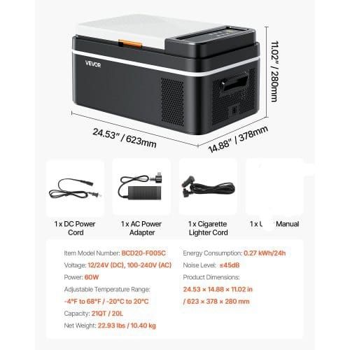 Car Refrigerator, DC 12/24V AC100-240V Compressor Electric Cooler, -20C to 20C Car Fridge with APP Control, 20L Cars Freezer for RVs, Campsites, Boats, Camping, Fishing, 60W Portable Freezer