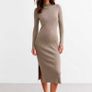 Beige Rib Knit High Neck Midi Dress  NEW LOOK Image 2