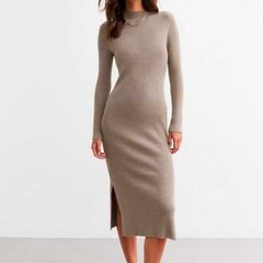 Beige Rib Knit High Neck Midi Dress  NEW LOOK