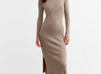Beige Rib Knit High Neck Midi Dress  NEW LOOK