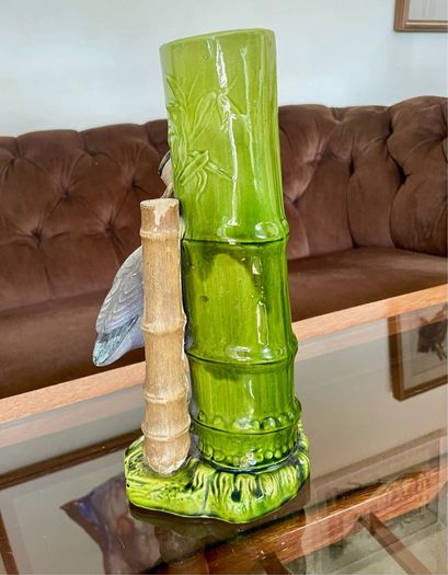 Antique Art Pottery Bretby Pottery 1890s Bamboo and Stork Large Spill Vase