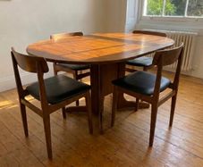 Mid Century G Plan Teak Drop Leaf Dining Set with Danish Leather Chairs
