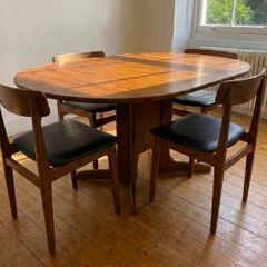Mid Century G Plan Teak Drop Leaf Dining Set with Danish Leather Chairs