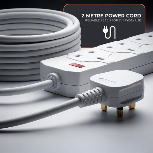 Wolf Power Heavy Duty Extension Lead UK Pin Plug and Cable, 4 Gang Way 2m Power Adapter, Multi Socket Mains Strip (2 Pack, White)