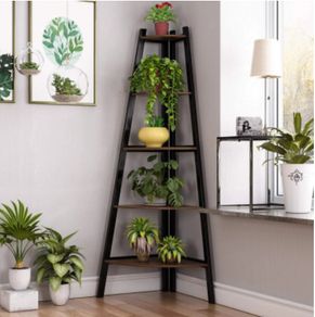 5 Tier Rustic Corner Bookshelf Small Bookcase Plant Stand for Living Room