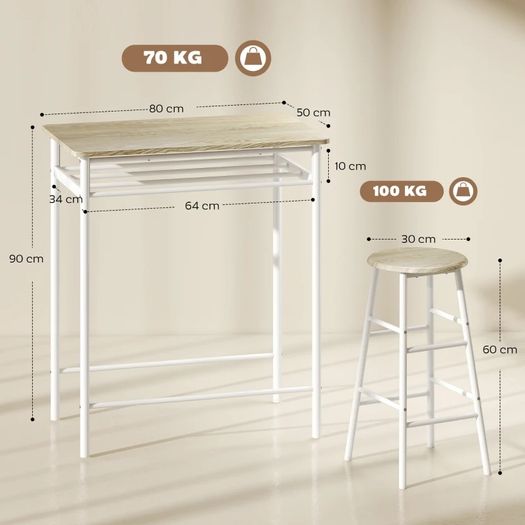 3 Piece Bar Table Set, Bar Table with Shelf, 2 Stools with Footrest, Kitchen Table and Chairs for Dining Room, Pub, Cafe