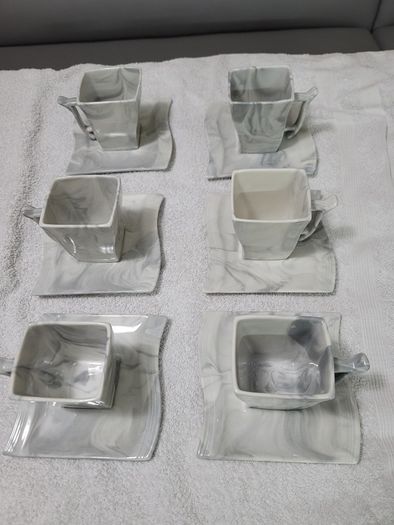 Stylish Modern Porcelain China Square 55 Piece Dinner Set, Marble Grey, Dinnerware, Dinner Party Set. Plates, Cups Mugs Bowls Egg Cups