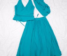 Bella Formals by Venus Teal Blue Top Chiffon Pleated Midi Skirt Scarf Co Ord Set 10-12UK/38-40EU