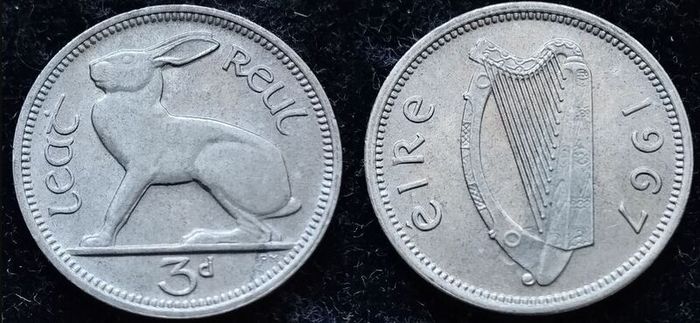 [#422] - Ireland 1967 | 3 Pence | Irish 3d | Hare | KM.12a | MS